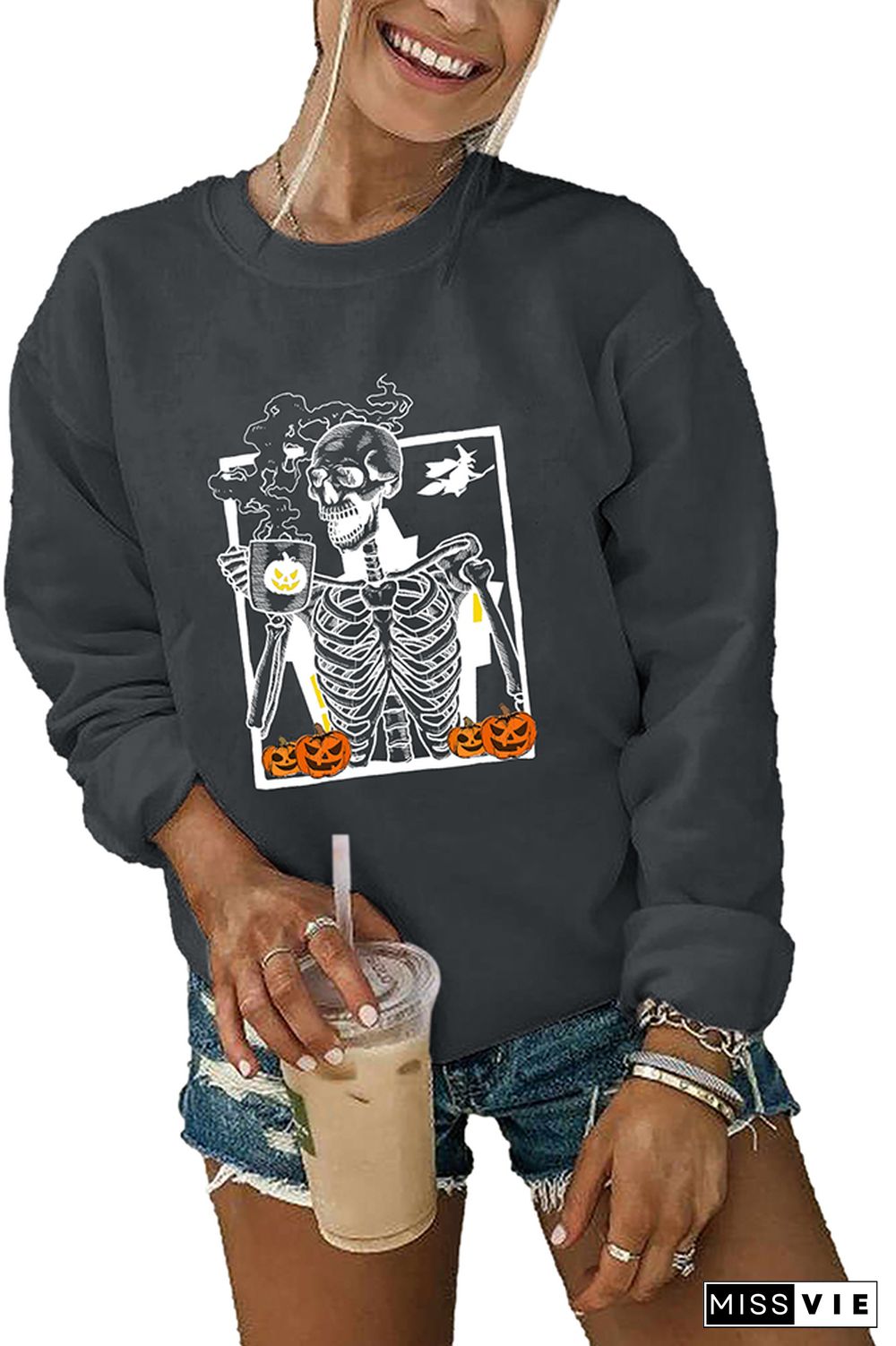 Skeleton and Pumpkin Halloween Crewneck Sweatshirt Wholesale