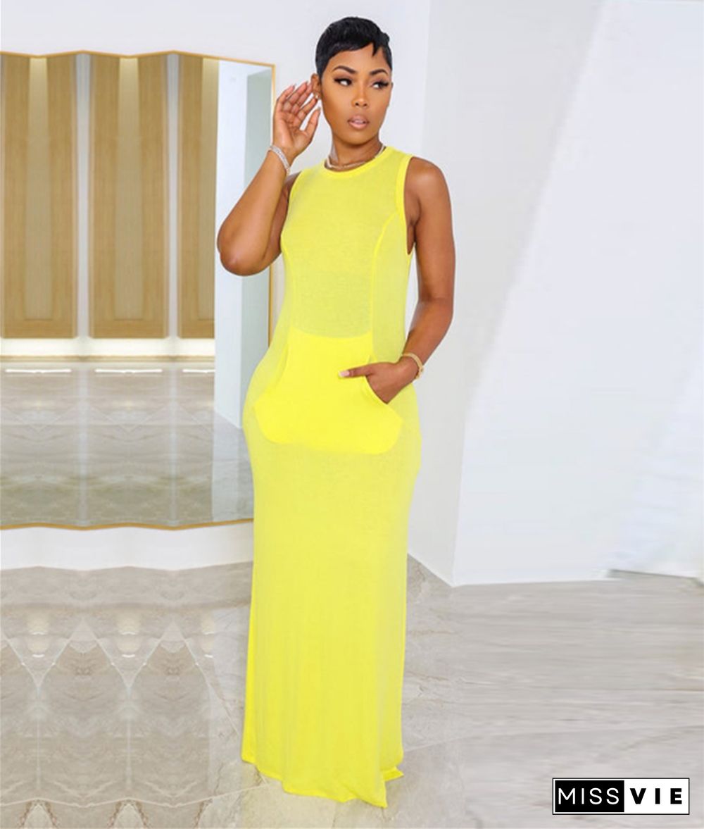 Cotton Solid Color Sleeveless Side Slit Maxi Dresses