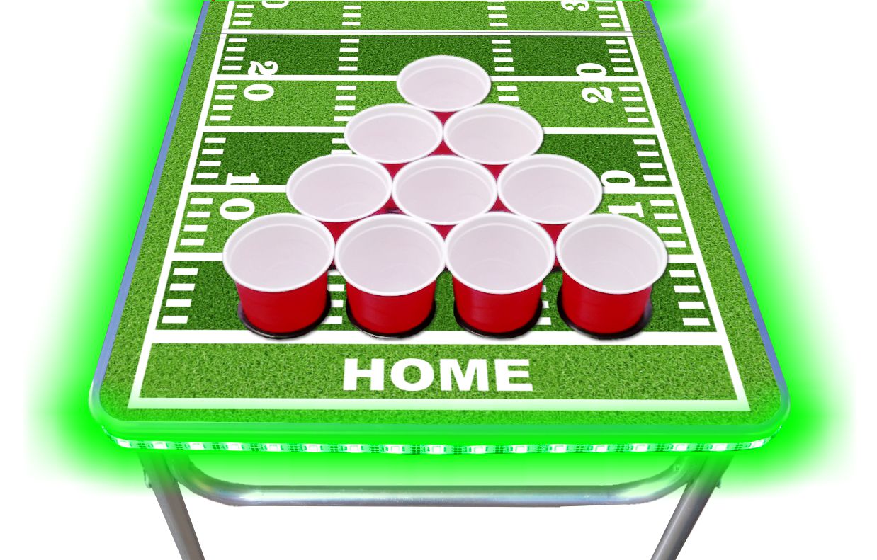 8-Foot Professional Beer Pong Table w/ Cup Holes & LED Glow Lights - Football Field Edition