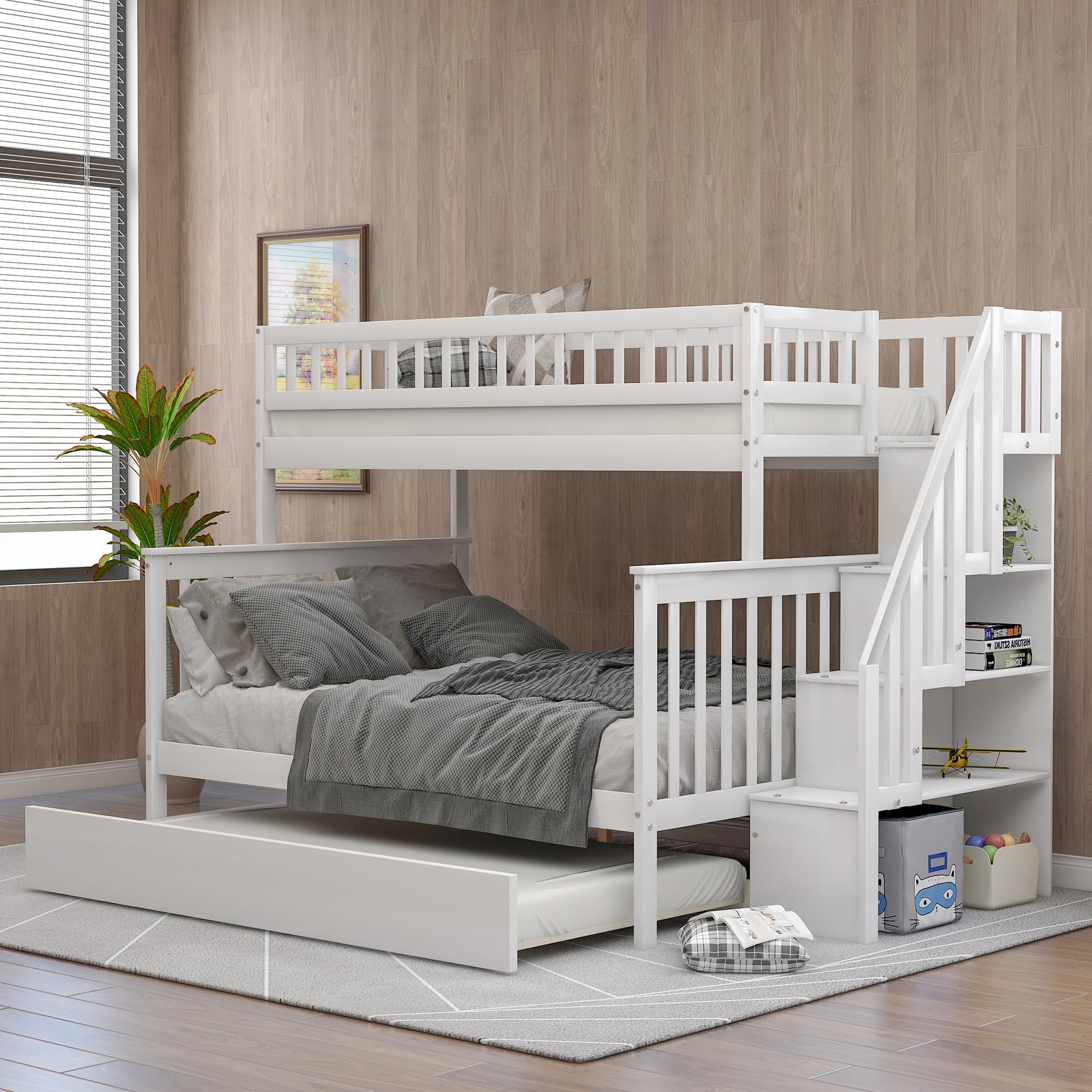 Euroco Twin Over Full Bunk Bed with Trundle and Stairs for Kids, White