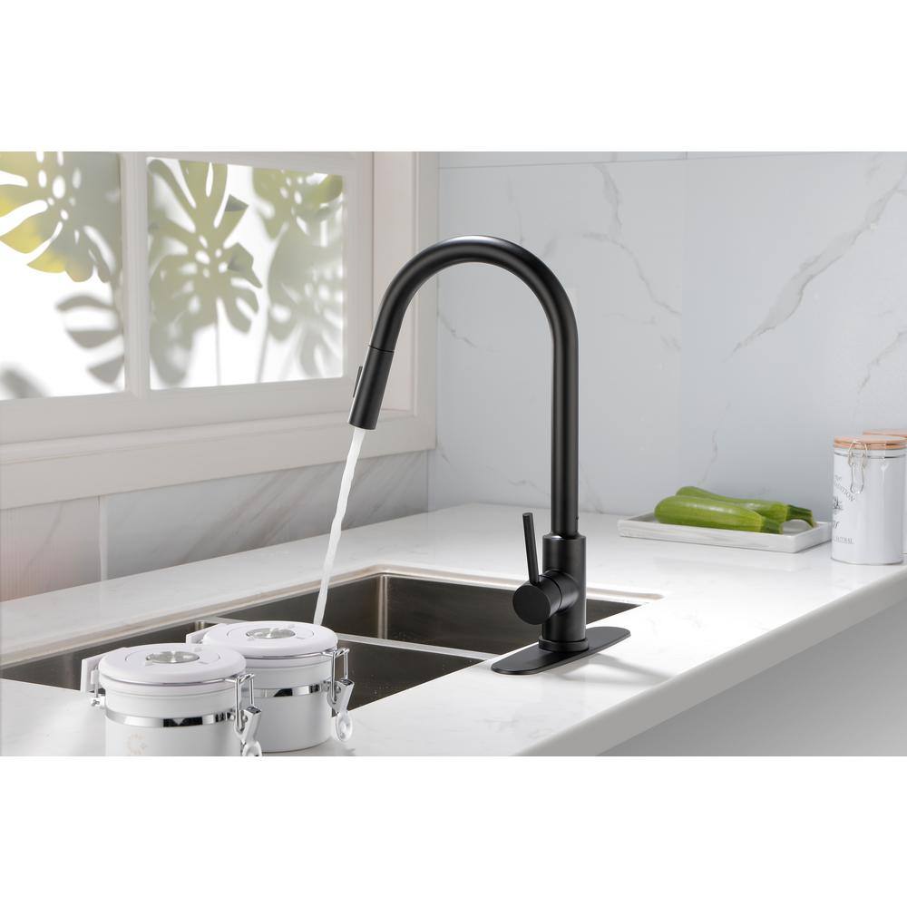 Mondawe Single Handle Kitchen Faucet High Arc Gooseneck with Pull Down Sprayer in Matte Black MO-DT89001MB