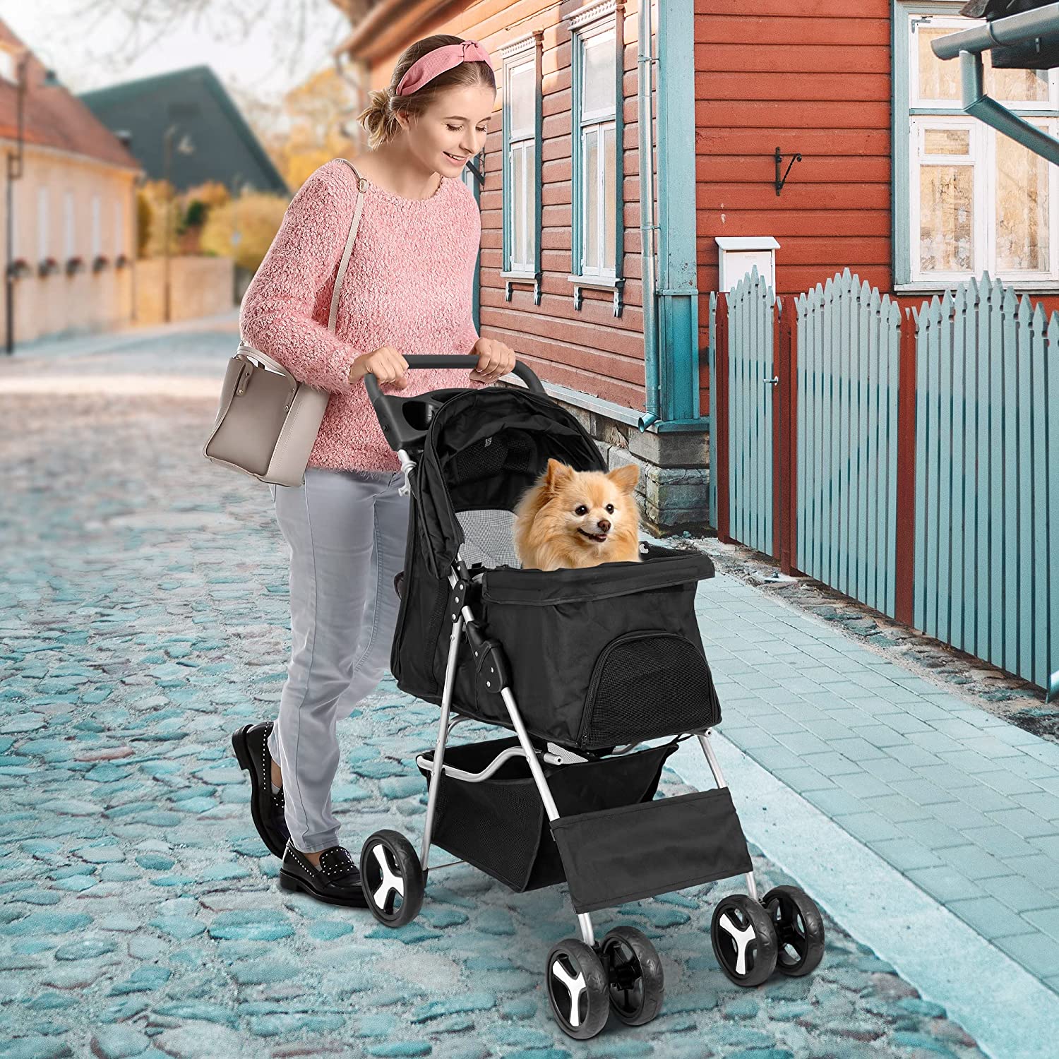 Pet Stroller， 4 Wheel Dog Stroller for Small Medium Dogs and Cats， Easy to Walk Foldable Carrier Strolling Cart with Storage Basket and Cup Holder