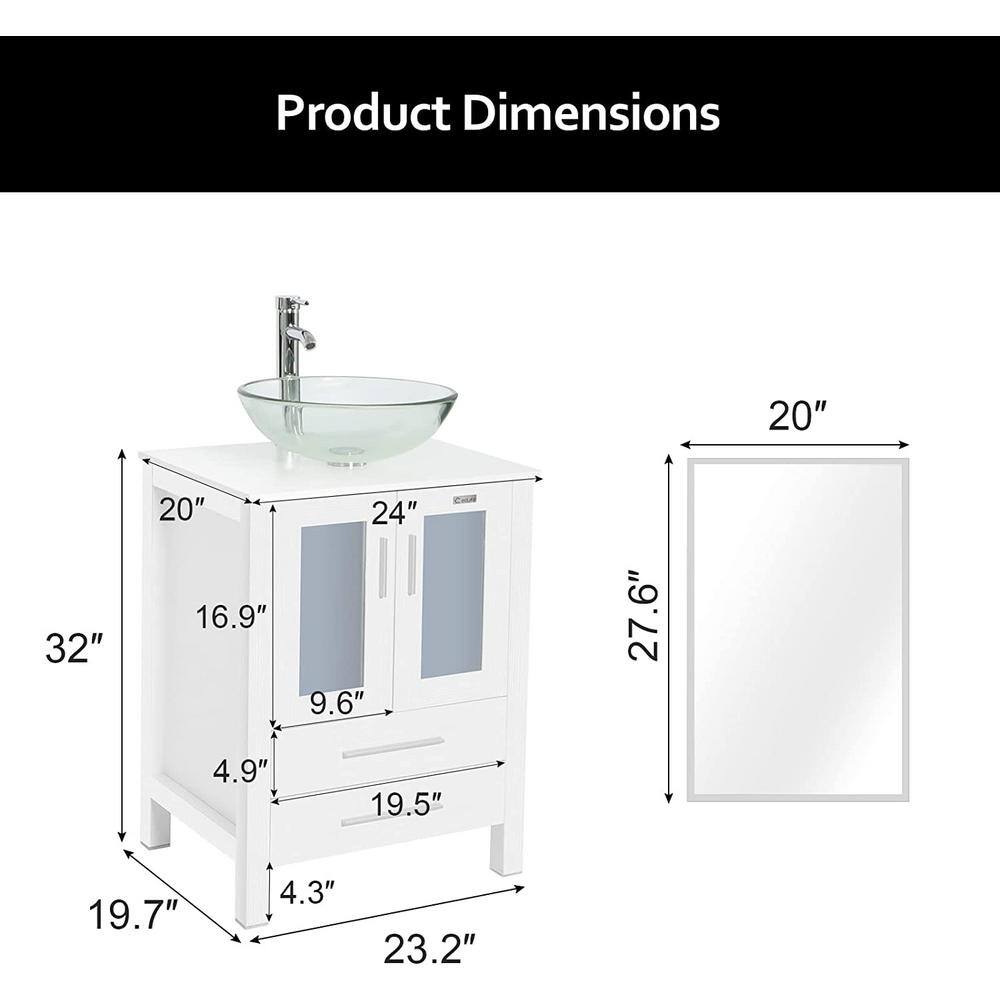 eclife 24 in. W x 20 in. D x 32 in. H Single Sink Bath Vanity in White with Clear Vessel Sink Top Chrome Faucet and Mirror BV102WH+VS016TT