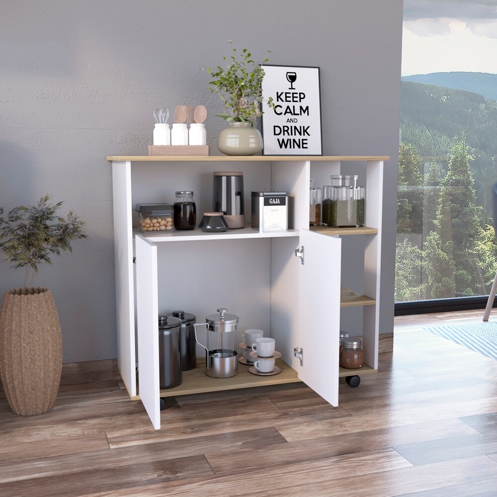 Light Oak Kitchen Island 4 Open Shelves 4 Casters Locking Mechanism   1 Cabinet with 1 Shelves Microwave Cart  White