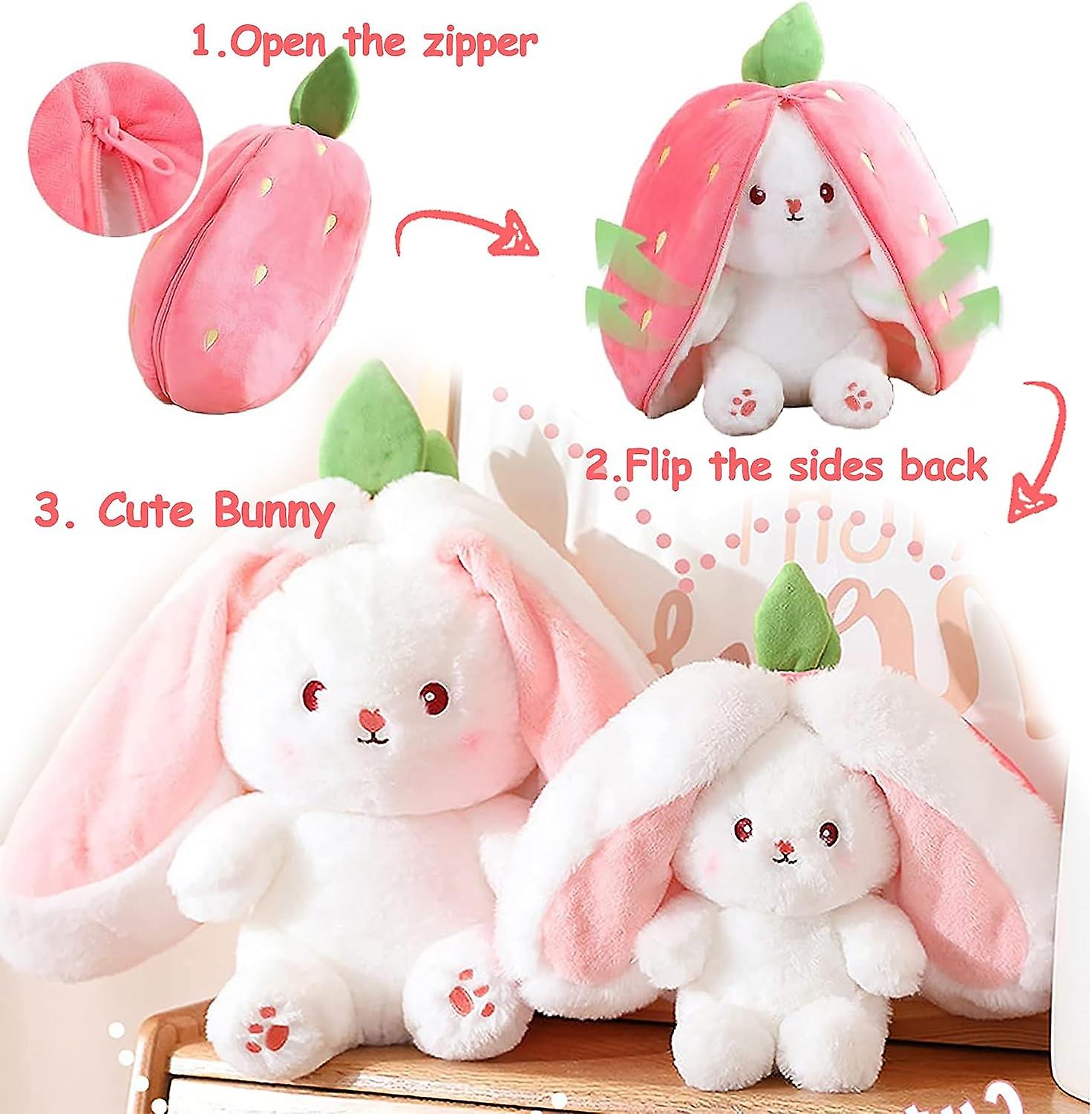 7 In，strawberry Bunny Transformed Rabbit Plush Zipper， Carrot That Turns Into Ears Bunnies Plushies Toy Cute Stuffy Doll Easter Gift