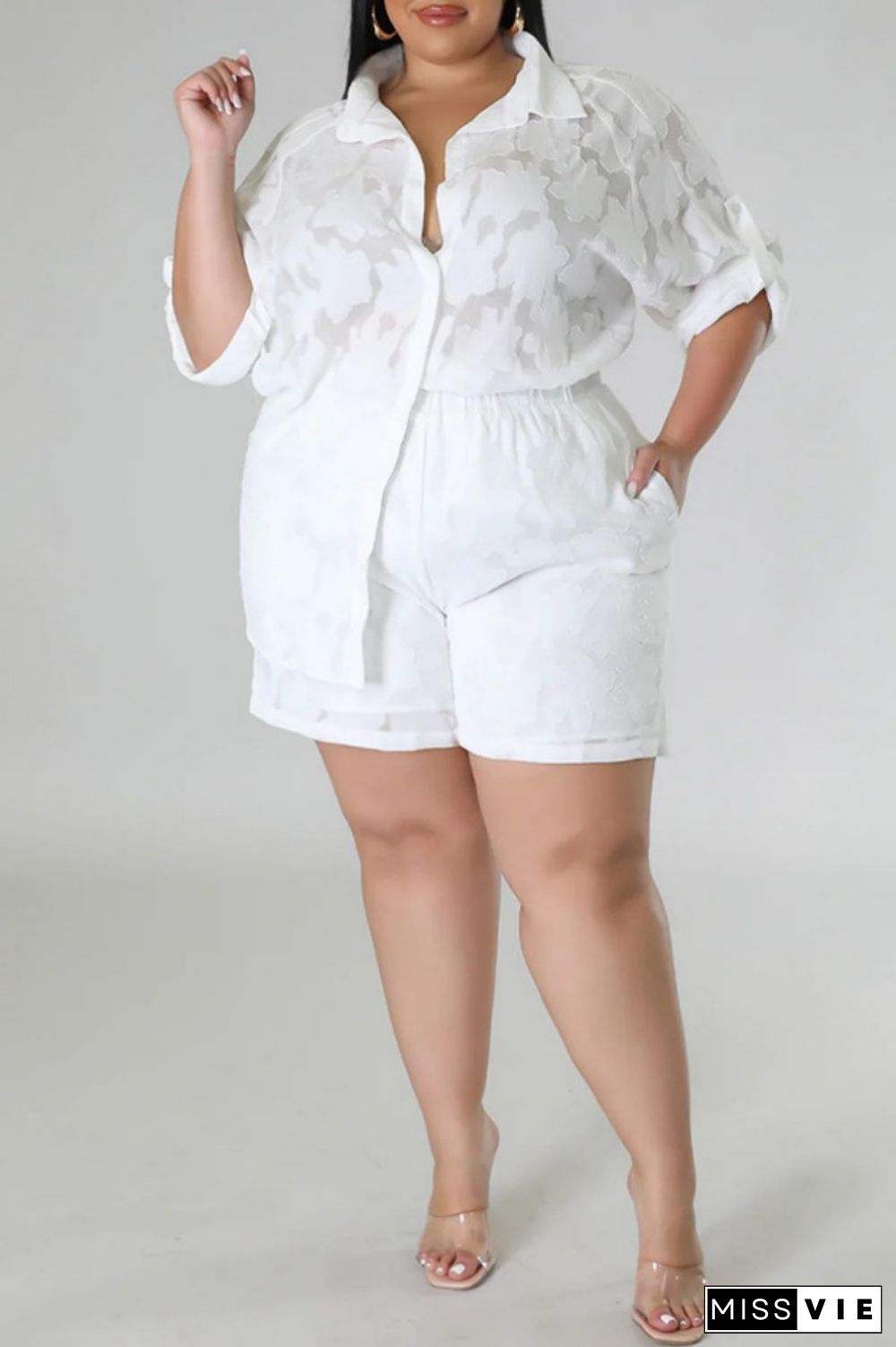 White Casual Solid Patchwork Shirt Collar Plus Size Two Pieces