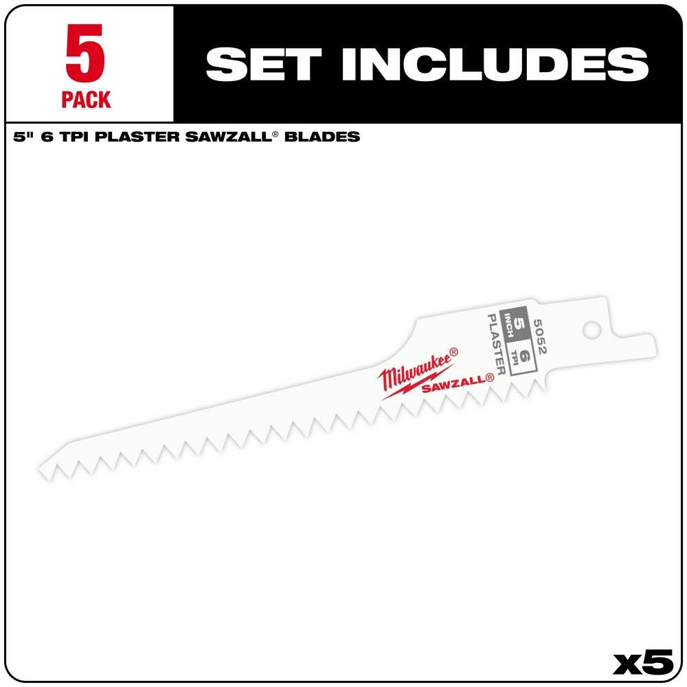 Milwaukee 5 in. 6 TPI Plaster SAWZALL Blades 5PK 48-00-5052 from Milwaukee