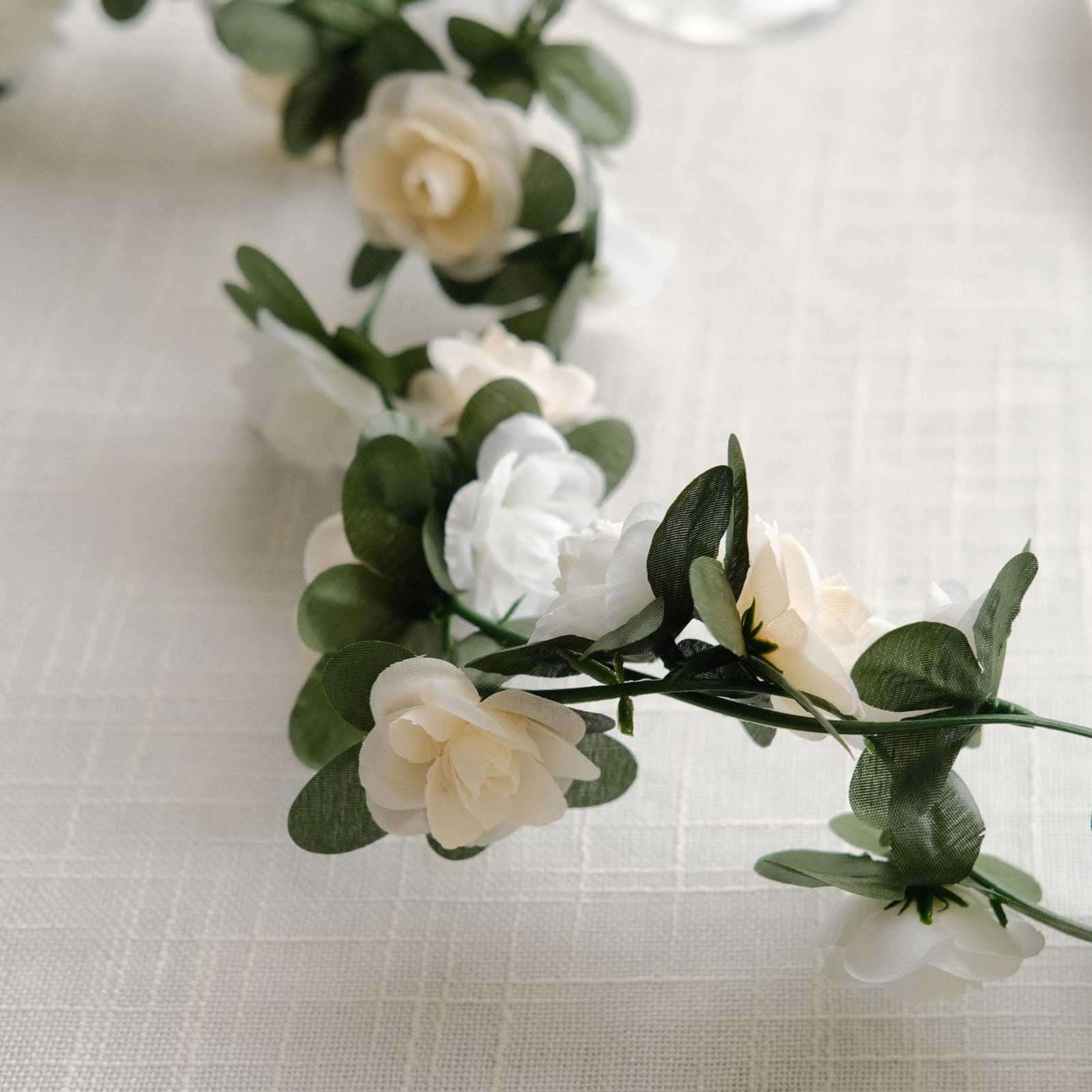 2 Pack Cream Ivory Artificial Silk Mini Rose Vines Hanging Flower Garland with 45 Flower Heads - 8ft