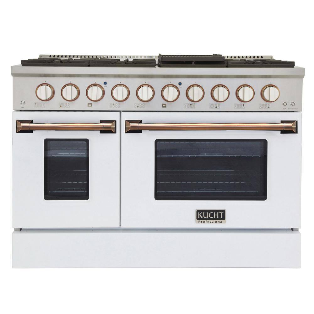 Kucht Custom KNG 48 in. 6.7 cu. ft. Natural Gas Range Double Oven with Convection in White with White Knobs and Gold Handle KNG481-W-GOLD