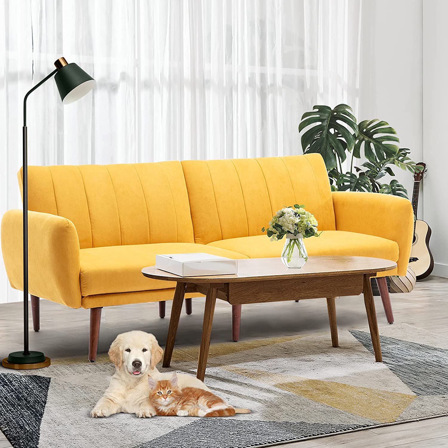 Vicluke Convertible Futon Sofa Bed, Modern Linen Split-Back Folding Sleeper Sofa Couches with Adjustable Backrest, Armrest, Wooden Frame & Leg for Living Room, Apartment, Hotel(Yellow)