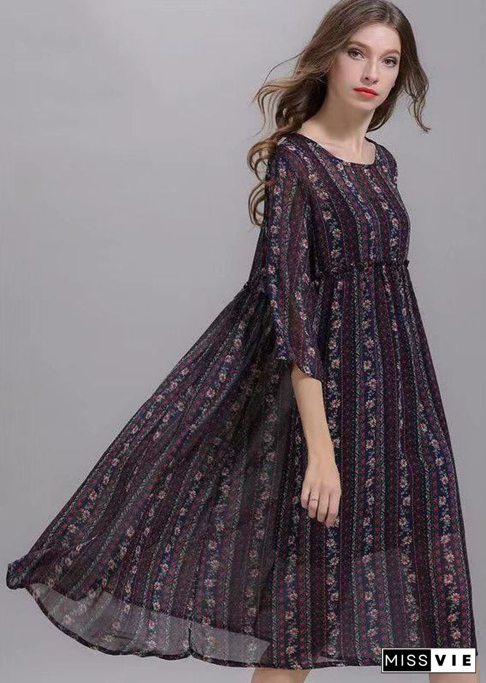 Bohemian Striped O Neck Wrinkled Patchwork Chiffon Dresses Half Sleeve