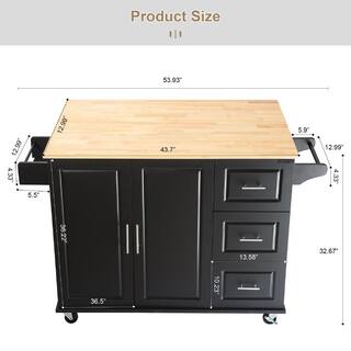 Tileon Black Rubber Wood 53.93 in. Kitchen Island with Drop Leaf Top 3-Drawers Adjustable Shelves and Spice Rack AYBSZHD2576