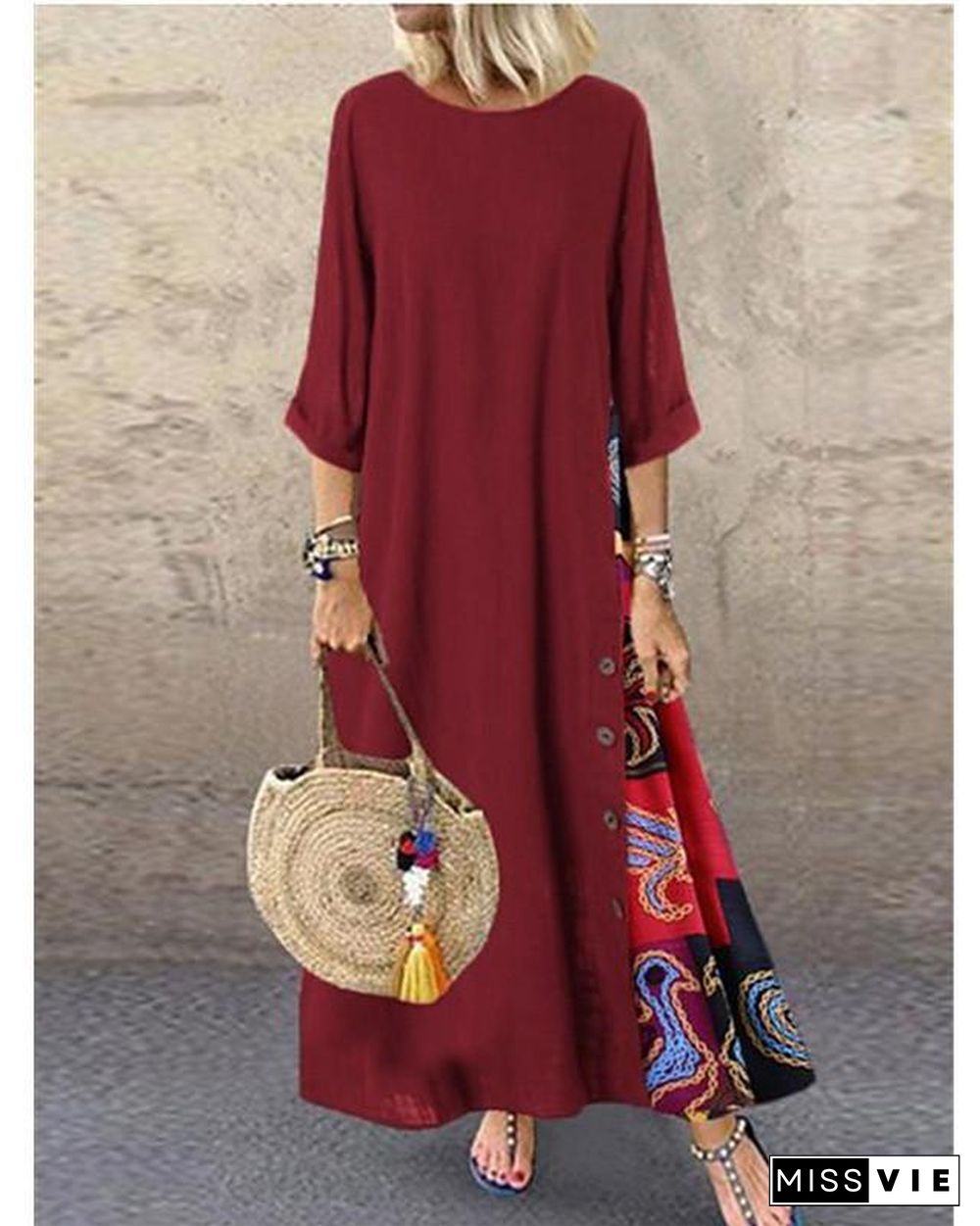 Women's Swing Dress Maxi long Dress - 3/4 Length Sleeve Print Print Spring & Summer Hot Casual Holiday vacation dresses Loose  Red Yellow Wine Army Green Navy Blue Gray L XL XXL 3XL 4XL 5XL