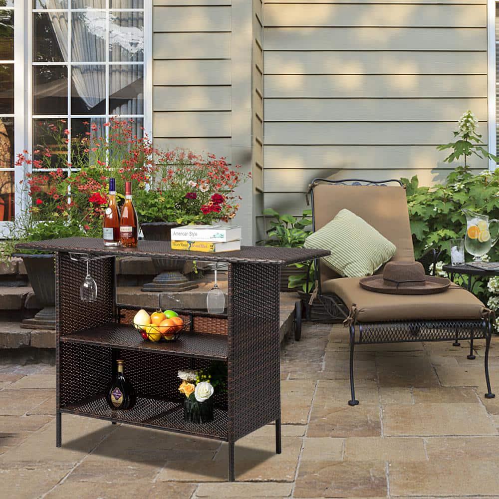 Winado Rectangular Rattan 55 in H Outdoor Bar Table with Cup Holders