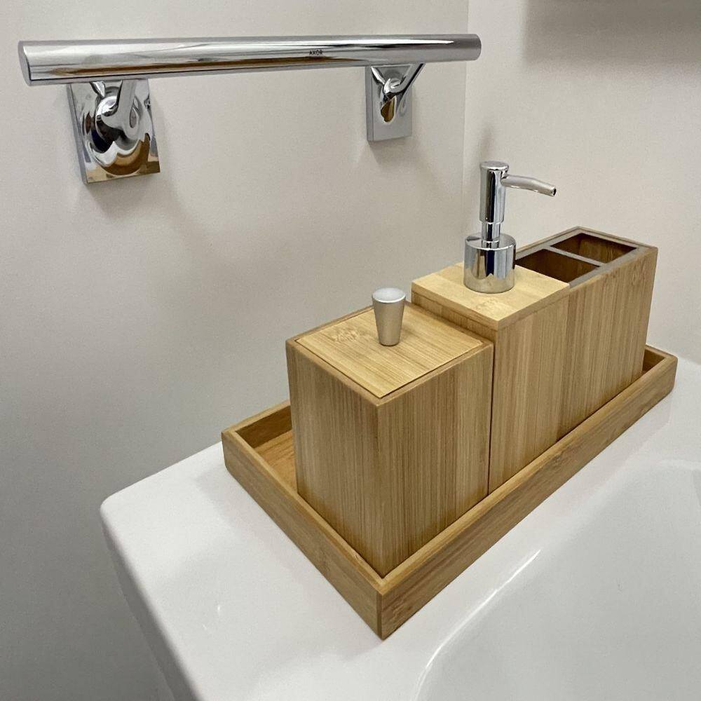 Dracelo 5-Piece Bathroom Accessory Set with Dispenser Trash Can Toothbrush Holder in Bamboo B08W22ZBPL