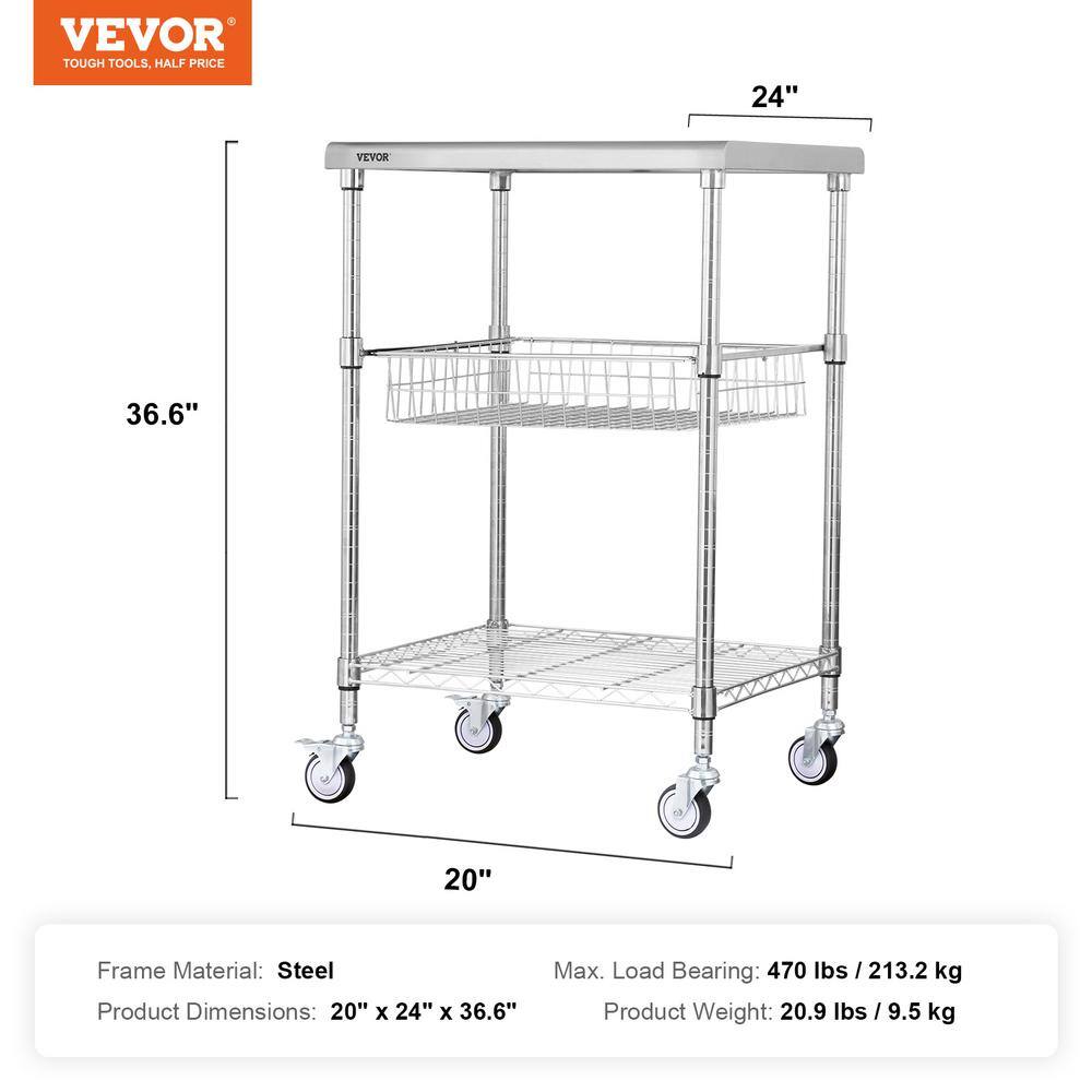 VEVOR 3-Tiers Kitchen Utility Cart 20 in. Wire Rolling Cart with Wheels Metal Storage Trolley with 6 Hooks Kitchen CartSilver LLCFTCCB20X24IGJ4V0