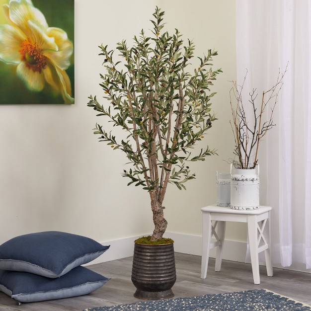 Nearly Natural 62-in Olive Artificial Tree In Ribbed Metal Planter