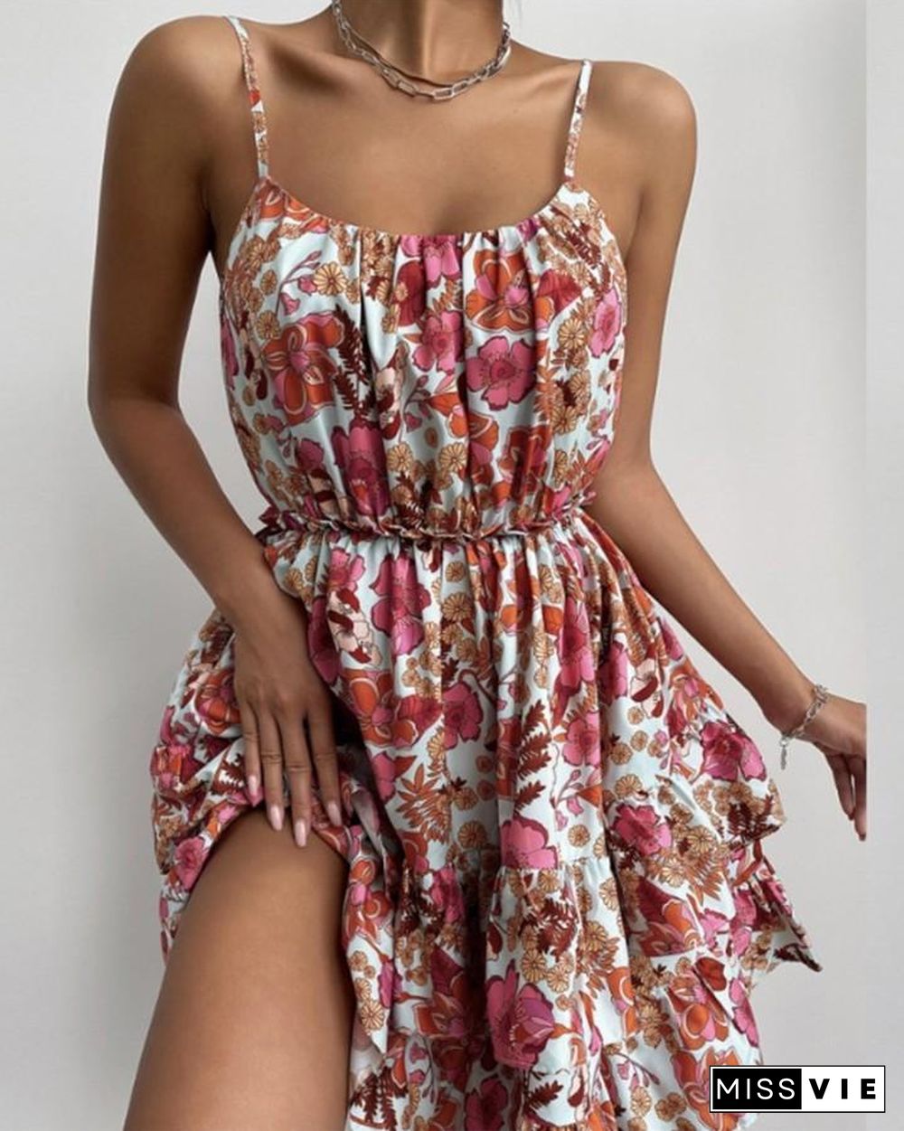 Multicolor Floral Print Spaghetti Strap Layered Mini Dress P13504