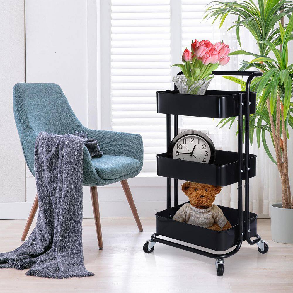 YOFE Heavy Duty Steel 3-Tier Rolling Cart with Wheels  Handle Home Office Storage Cart Utility Cart in Black CamyBK-GIFNCART171333B-cart01