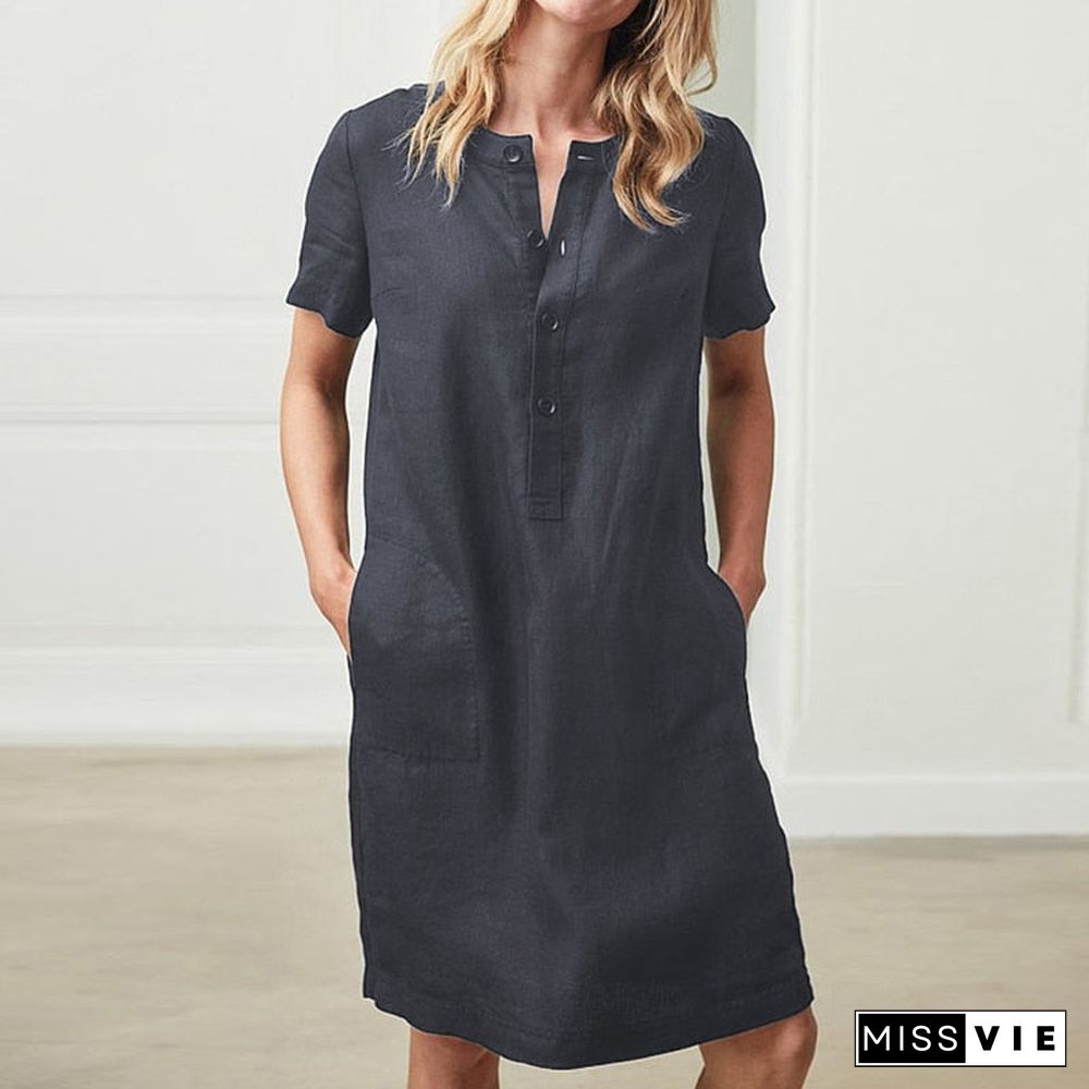 Spring Cotton Linen Dress Fashion Button O-Neck Knee Party Dress Summer Women Casual Short Sleeve Pocket Solid Dresses