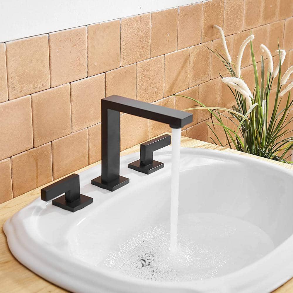 BWE 8 in Widespread Double Handle Bathroom Faucet With Popup Drain Assembly in Matte Black