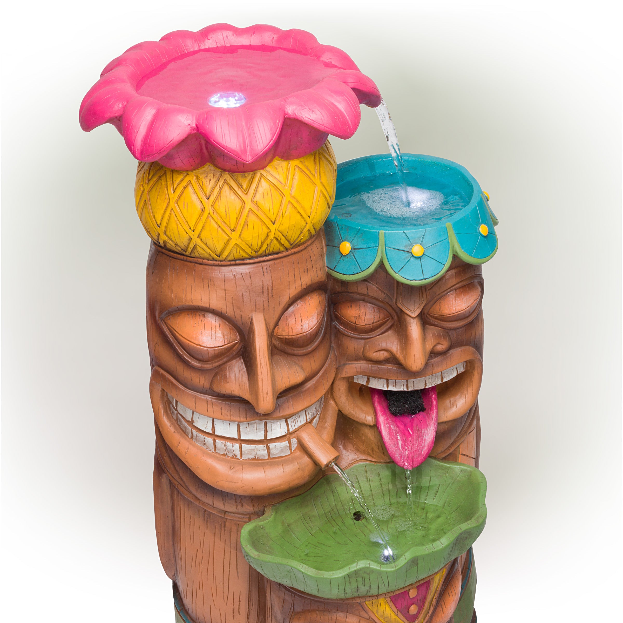 Alpine Outdoor Tiki Head Polyresin Electric Fountain with LED Light， 35 inch Tall