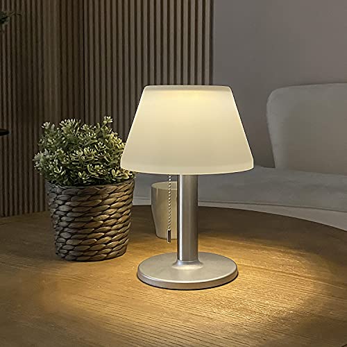 Solar Table Lamp Outdoor Indoor - 3 Lighting Modes， Eye-Caring LED Waterproof Cordless Solar Desk Lamp with Pull Chain for Outside Patio Garden Bedroom Living Room(White Modern Decor)