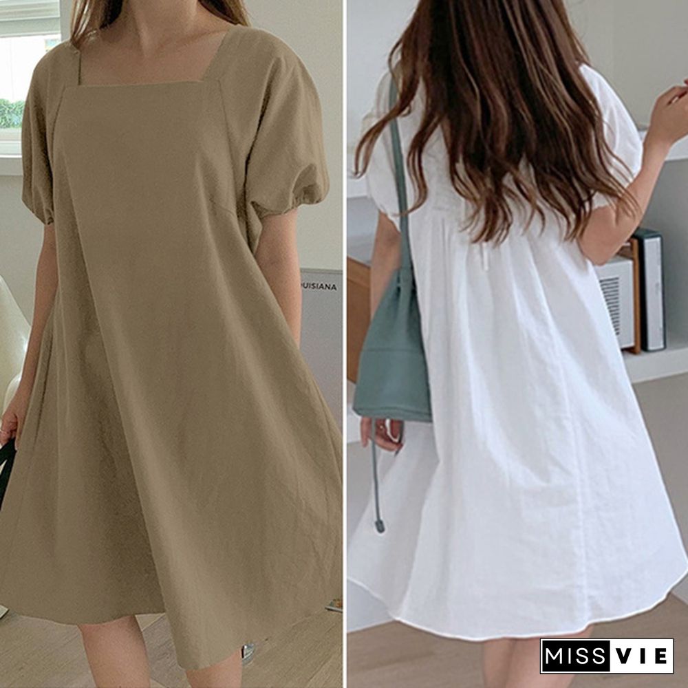 Oversized Women Retro Loose Party Solid Cotton Short Sleeve Sundress Elastic Cuff Mini Shirt Dress