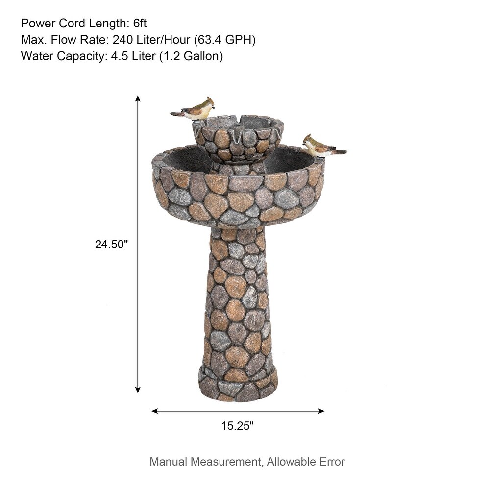 Glitzhome 24.5 inch Outdoor 2 tier Faux Pebbles Polyresin Birdbath Fountain with Pump