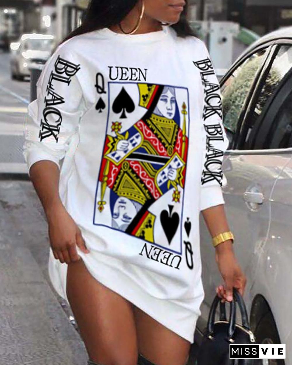 Poker Letter Print Long Sleeve Casual Dress