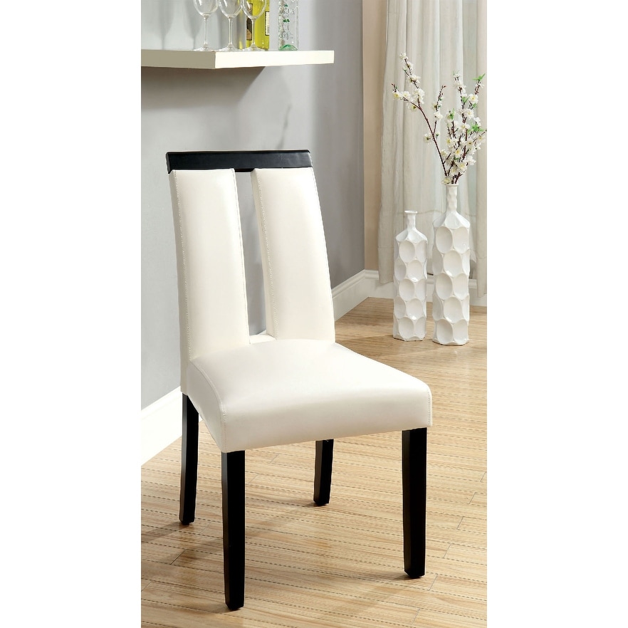 Set of 2 Chairs Black And White Leatherette Beautiful Padded Side Chairs Slit Back Design Kitchen