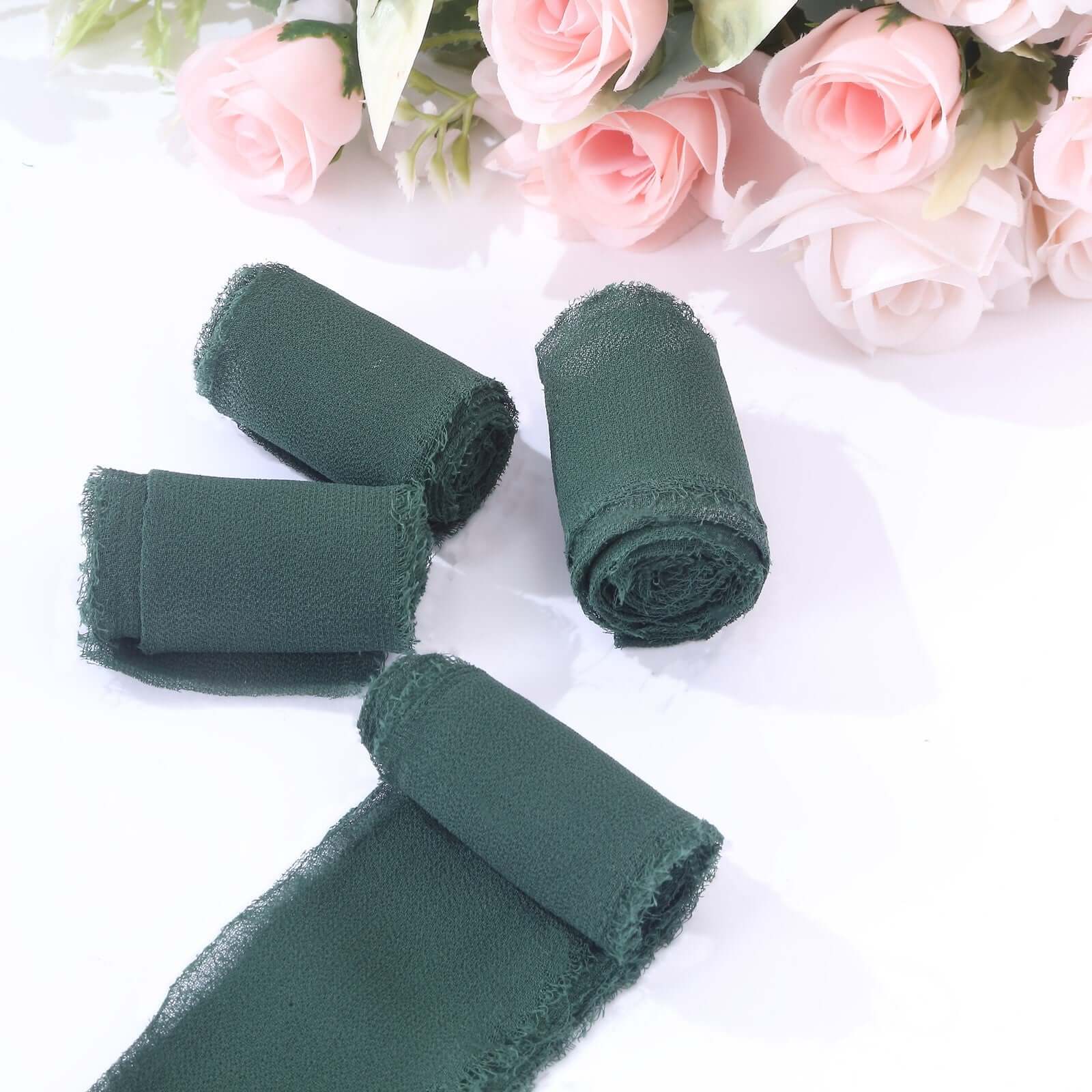 2 Pack Hunter Emerald Green Silk-Like Chiffon Linen Ribbon Roll For Bouquets, Wedding Invitations Gift Wrapping 6yd