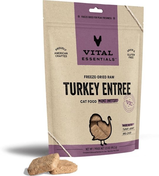 Vital Essentials Turkey Entree Cat Food Mini Patties Grain-Free Freeze-Dried Raw Cat Food， 3.5-oz bag