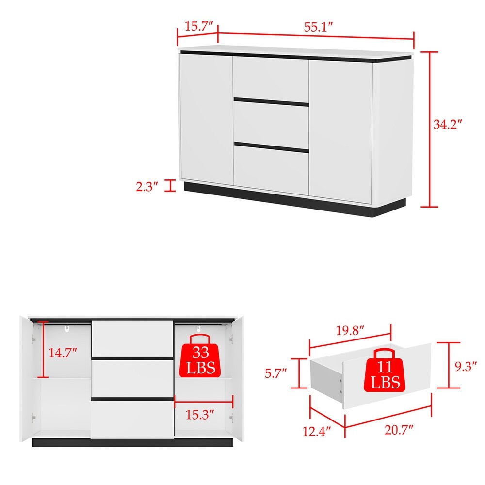 White/Black Accent Sideboard Contemporary Storage Cabinet for Any Room   55.1“W