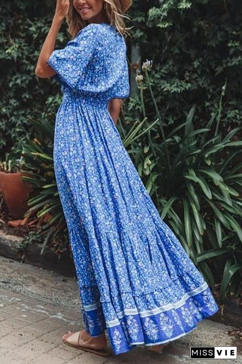 Floral Print Short Sleeve Maxi Dress