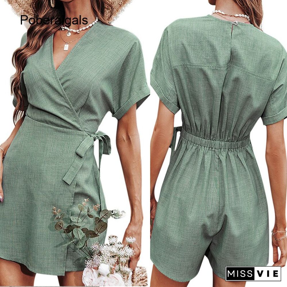 Chic Fashion Women Short Jumpsuit Dress Summer New V Neck Short Sleeve Solid Elastic Waist Lace-up Slim Women Mini Playsuit