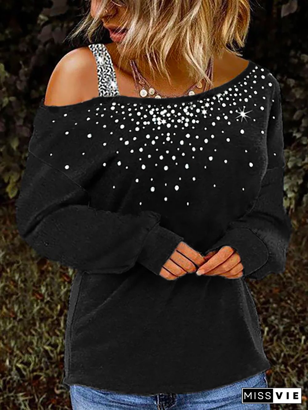 Plus size Hotfix Rhinestone Cold Shoulder Shirts & Tops