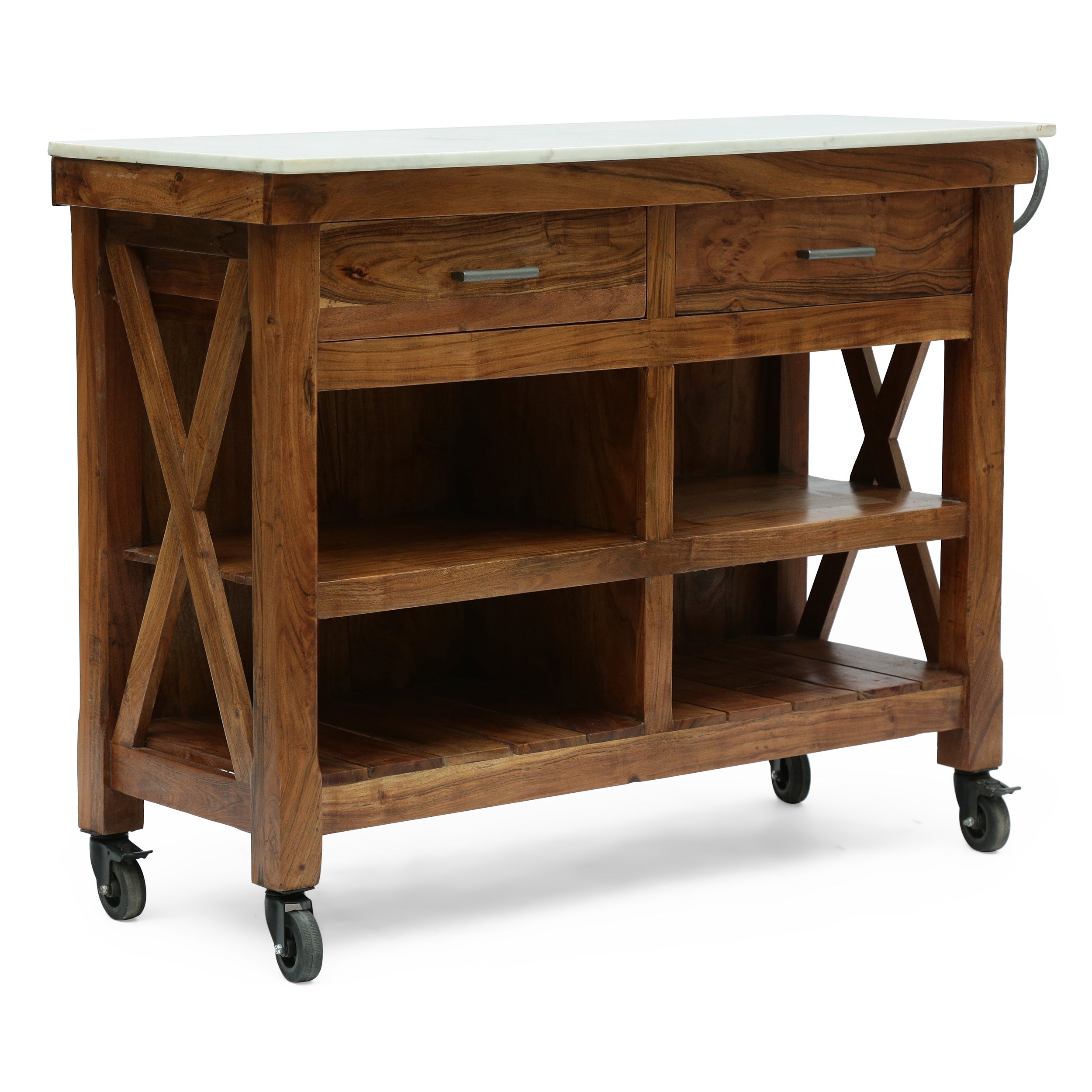 McLarnan Rustic Glam Handcrafted Marble Top Acacia Wood Kitchen Cart with Wheels, Natural and Natural White