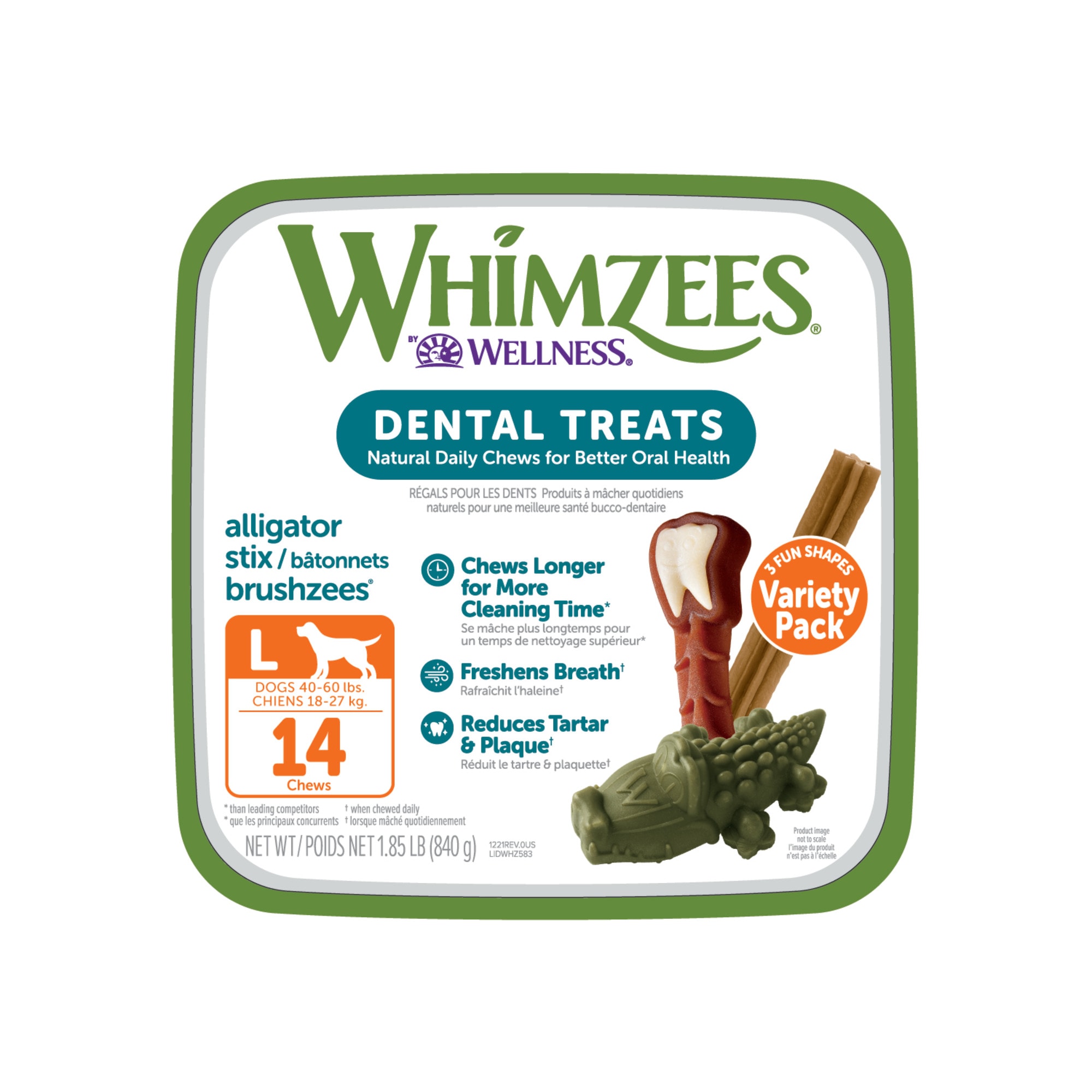 Whimzees Natural Grain Free Daily Long Lasting Large Dental Dog Treats Variety Pack， 29.6 oz.， Count of 14