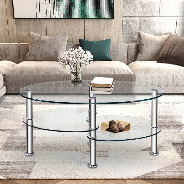 Costway Tempered Glass Oval Side Coffee Table Shelf Chrome Base Living Room Clear