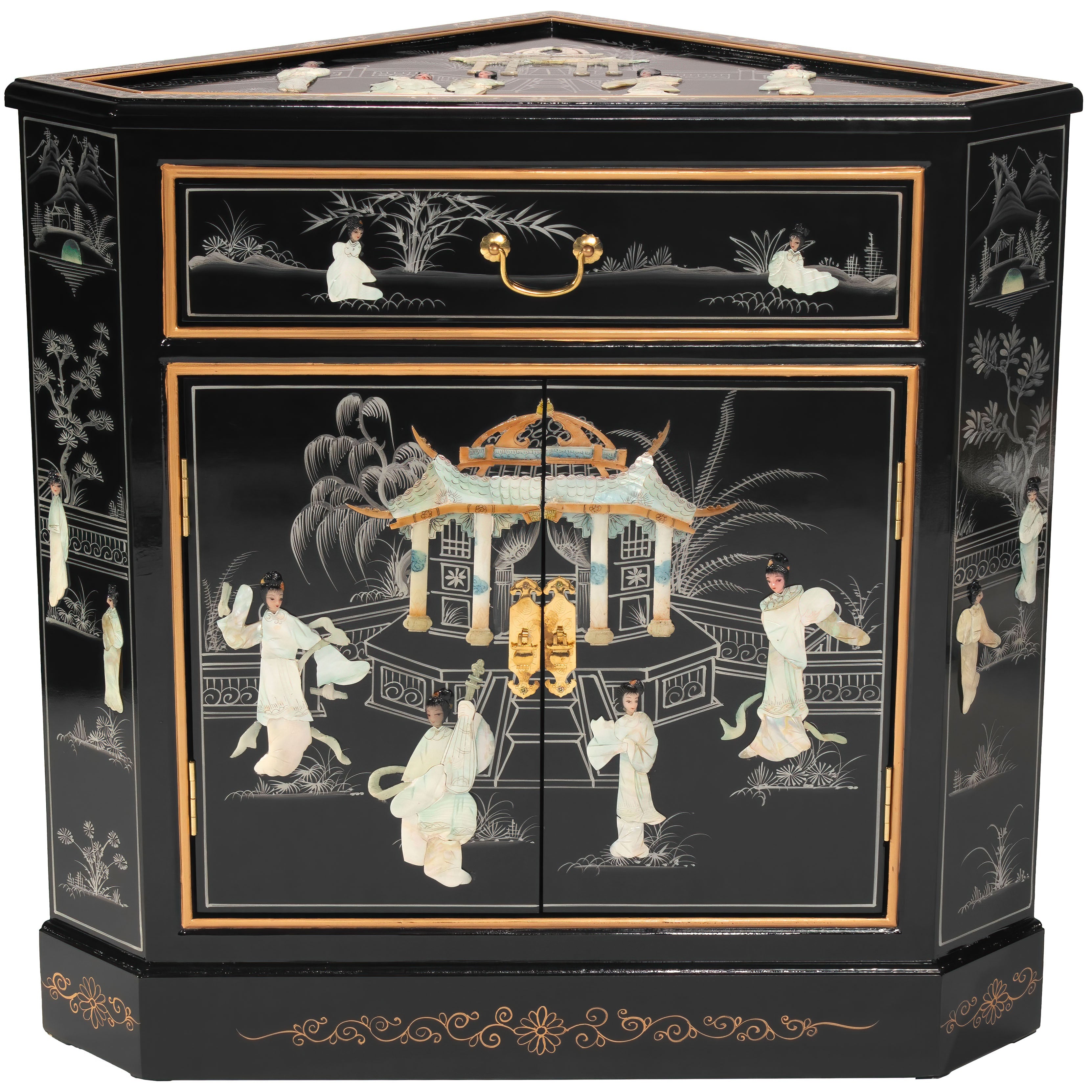 Oriental Furniture Black Lacquer Corner Cabinet - Royal Ladies