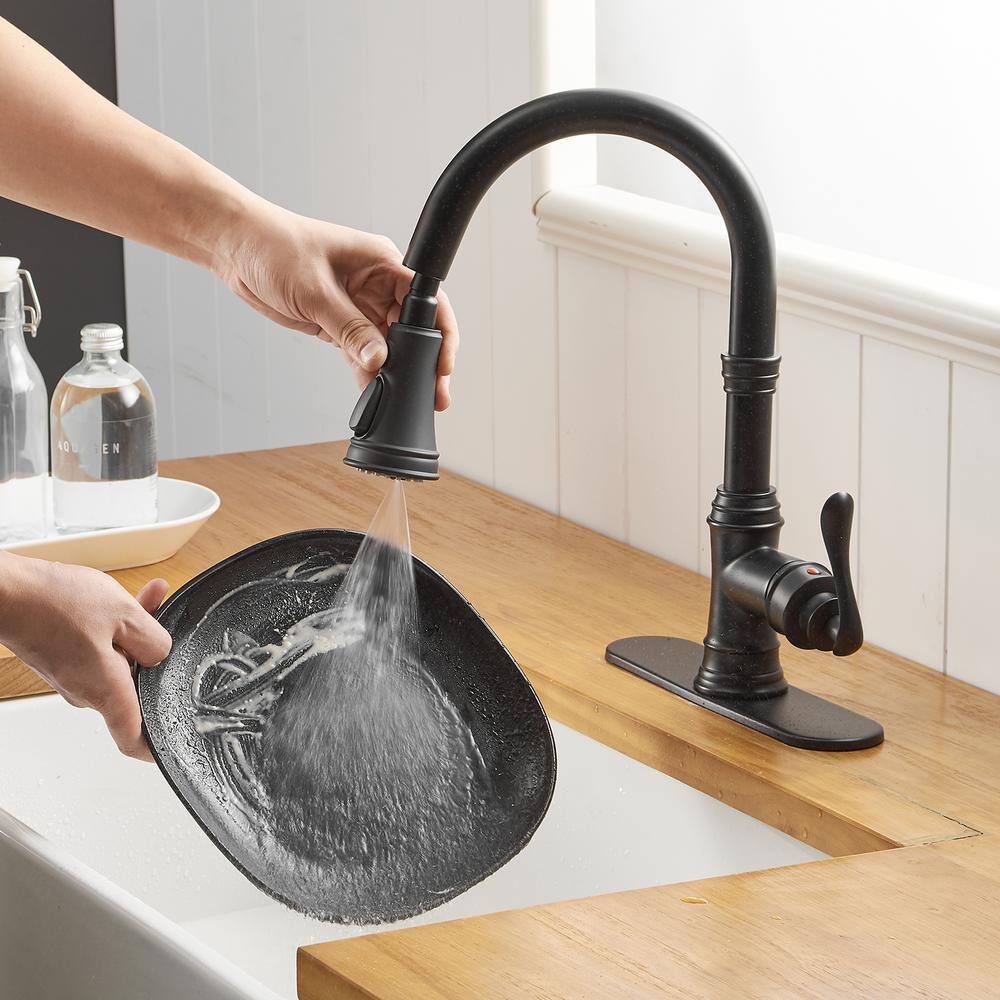 BWE Single-Handle Pull-Down Sprayer 3 Spray High Arc Kitchen Faucet With Deck Plate in Matte Black A-94551-Black