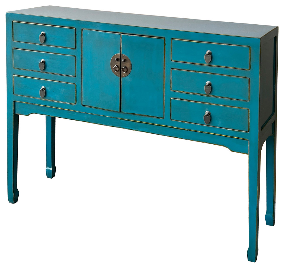 Distress Bright Blue Lacquer Tall Moon Face 6 Drawers Slim Foyer Table Hcs7566   Asian   Console Tables   by Golden Lotus Antiques  Houzz