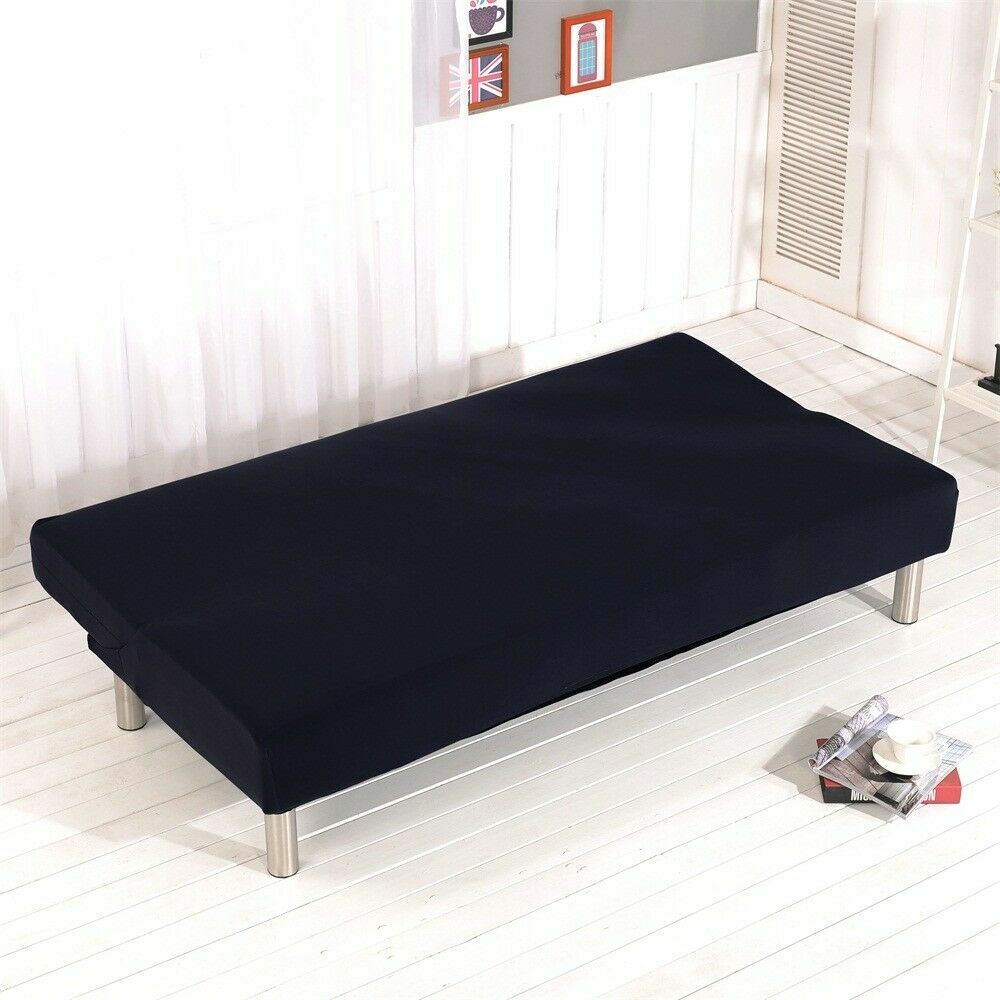 Jian Ya Na Armless Folding Sofa Bed Cover Solid Color Stretch Futon Slipcover Protector Black