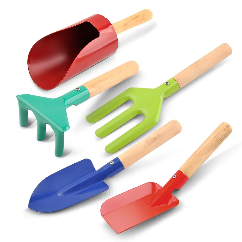 Spring gardening practical flower shovel muzzle shovel garden planting kid's tools 8 piece set with wooden hand and Storage Bag