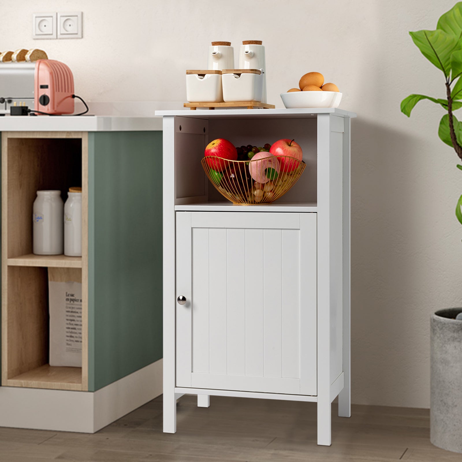 Ktaxon Wooden Bathroom Floor Cabinet, Freestanding Storage Cabinet with Cupboard and Open Shelf for Home, White