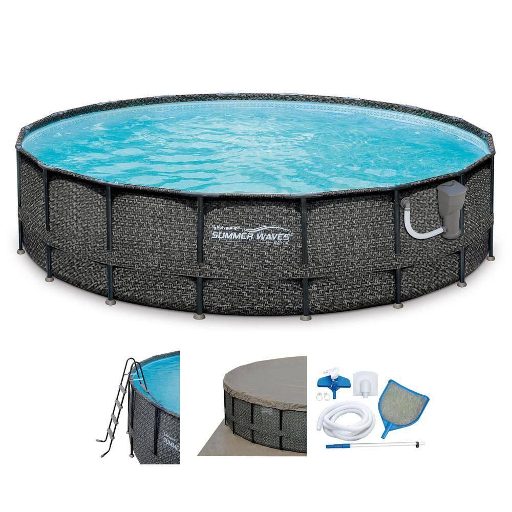 Summer Waves Elite Wicker 18 ft. x 18 ft. Round 48 in. Deep Metal Frame Pool Package P4A01848B