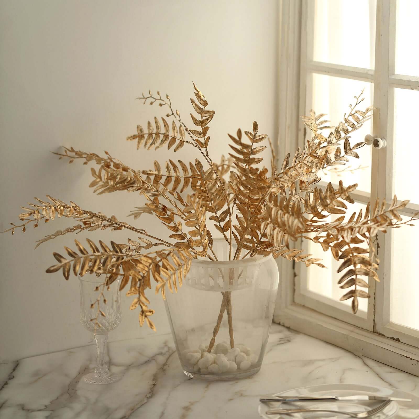 2 Pack Metallic Gold Artificial Fern Leaf Branches, Faux Decorative Bouquets 21