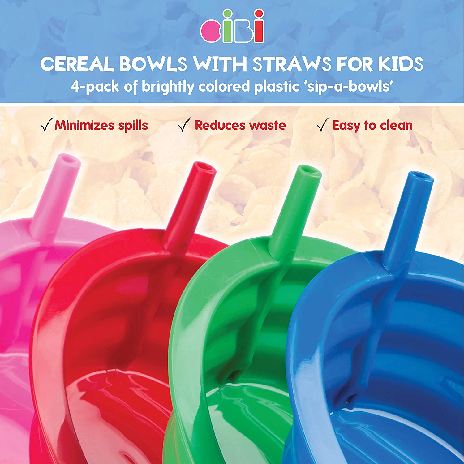 Cibi Cereal Bowls with Straws For Kids | BPA-Free 22 Ounce Sip-a-Bowl | Microwaveable and Dishwasher Safe Toddler Bowl Set for a Fuss-Free Breakfast | Four Pack in Blue， Pink， Green， and Red