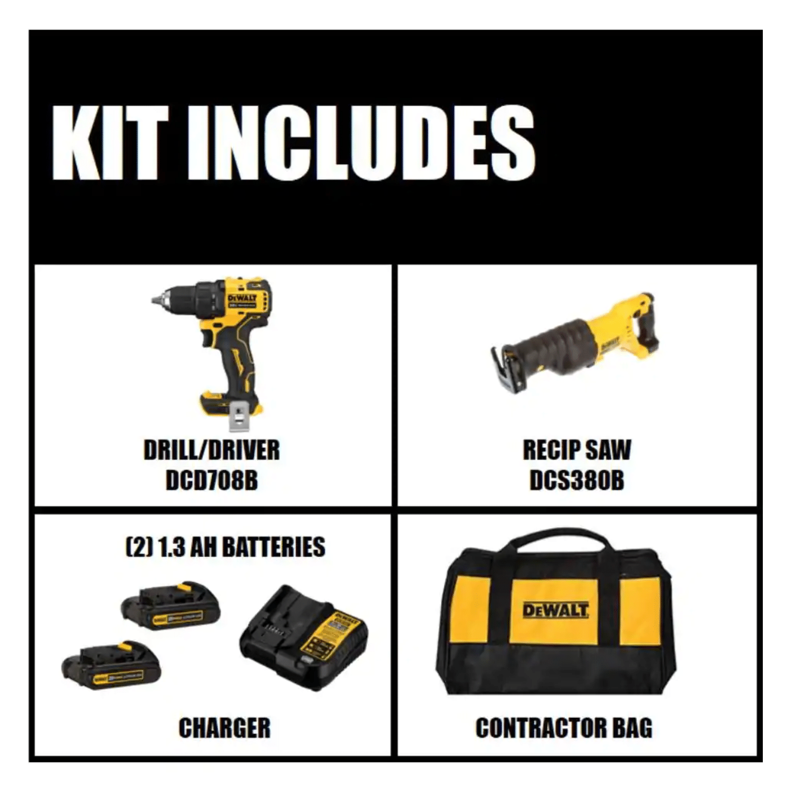 Dewalt Atomic 20V Max Cordless Brushless Compact 1/2 in. Drill/Driver， (2) 20-Volt 1.3Ah Batteries and Reciprocating Saw (DCD708C2WCS380B)